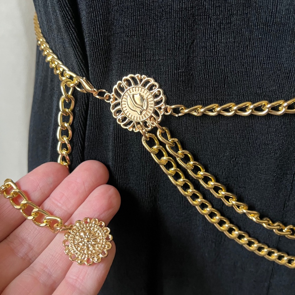 Vintage Gold Chain Drape Belt Medallion Multi Strand Waist Belt 35" - Picture 2 of 6